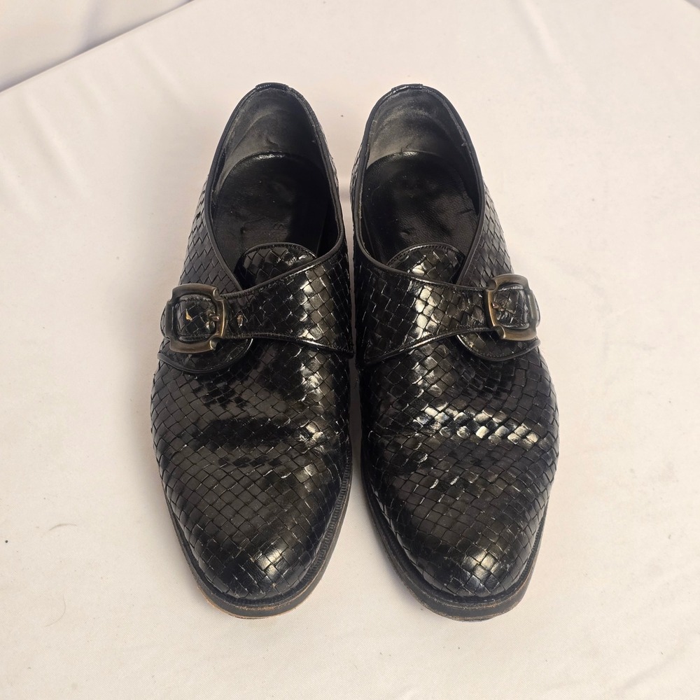 Stephane Kelian Paris Black Woven Leather Monk Strap Shoes Made in France 6.5‎